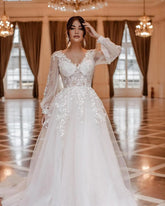 Illusion Wedding Dresses Long Puff Sleeve A Line Prom Dresses Princess V Neck Appliques Woman's Formal Bride Party Ball Gowns